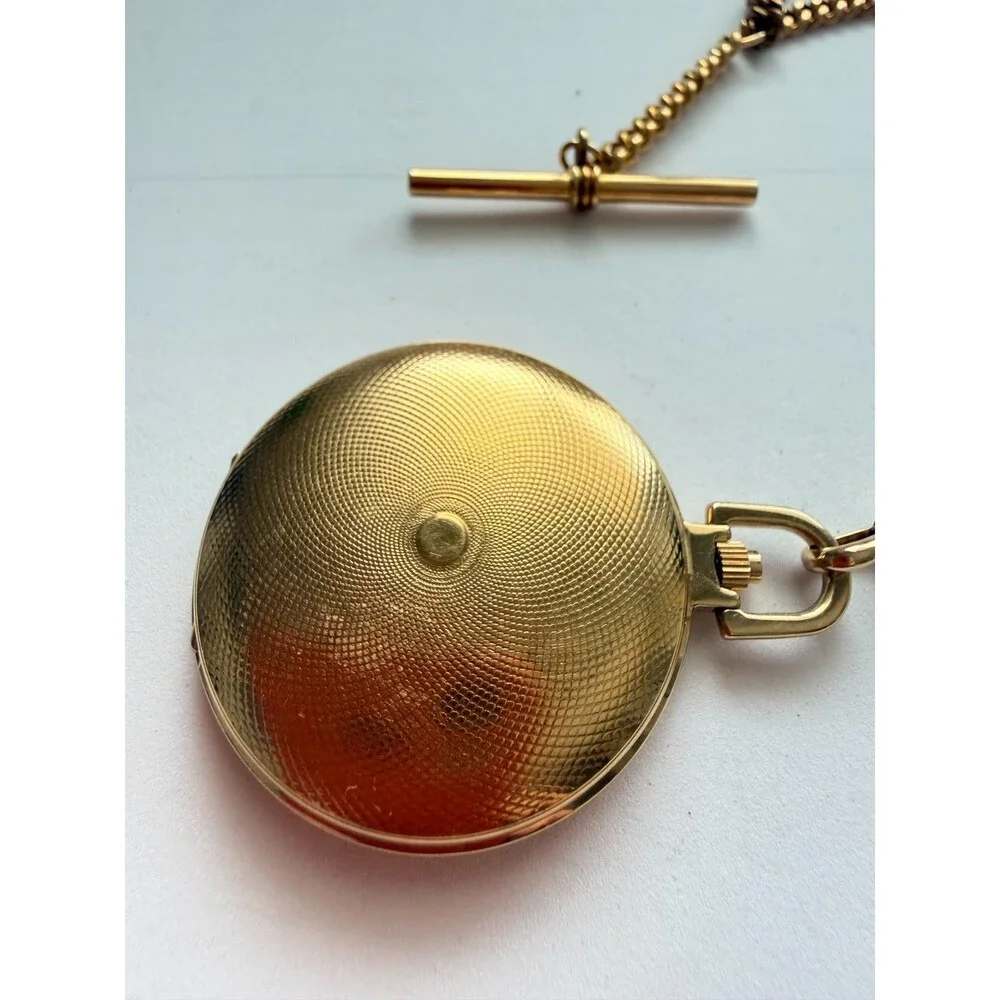 Vintage 1980s Bulova Quartz Hunting Case Pocket Watch Gold Tone Day Date Chain